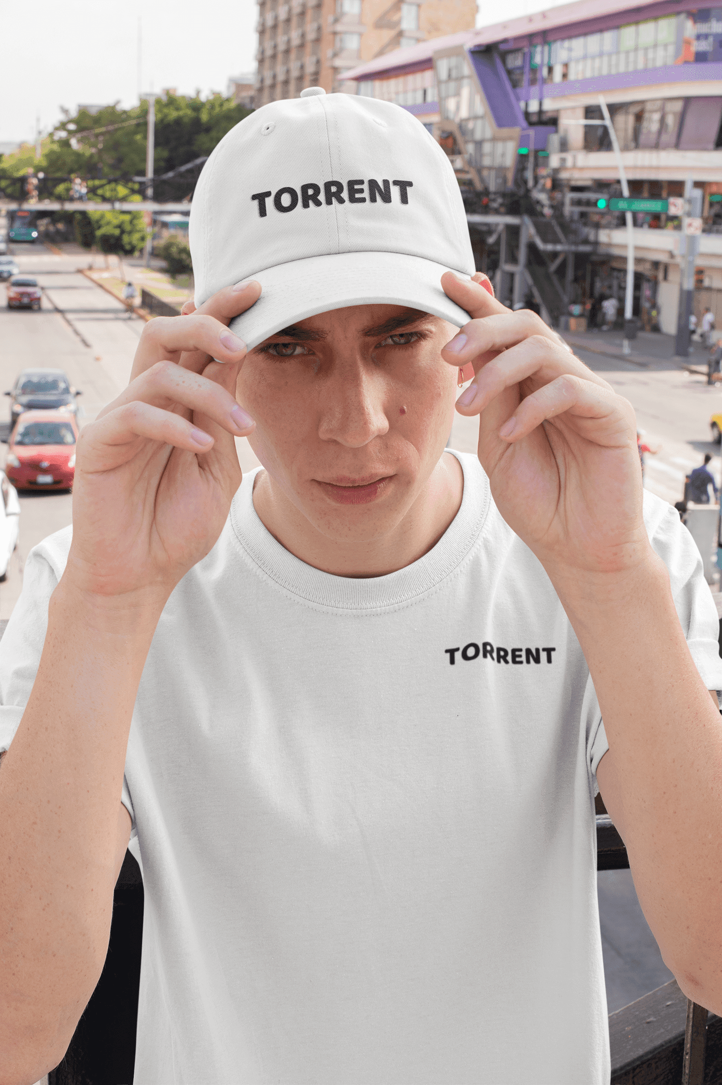 mockup of a young man wearing a dad hat and a t shirt 28590